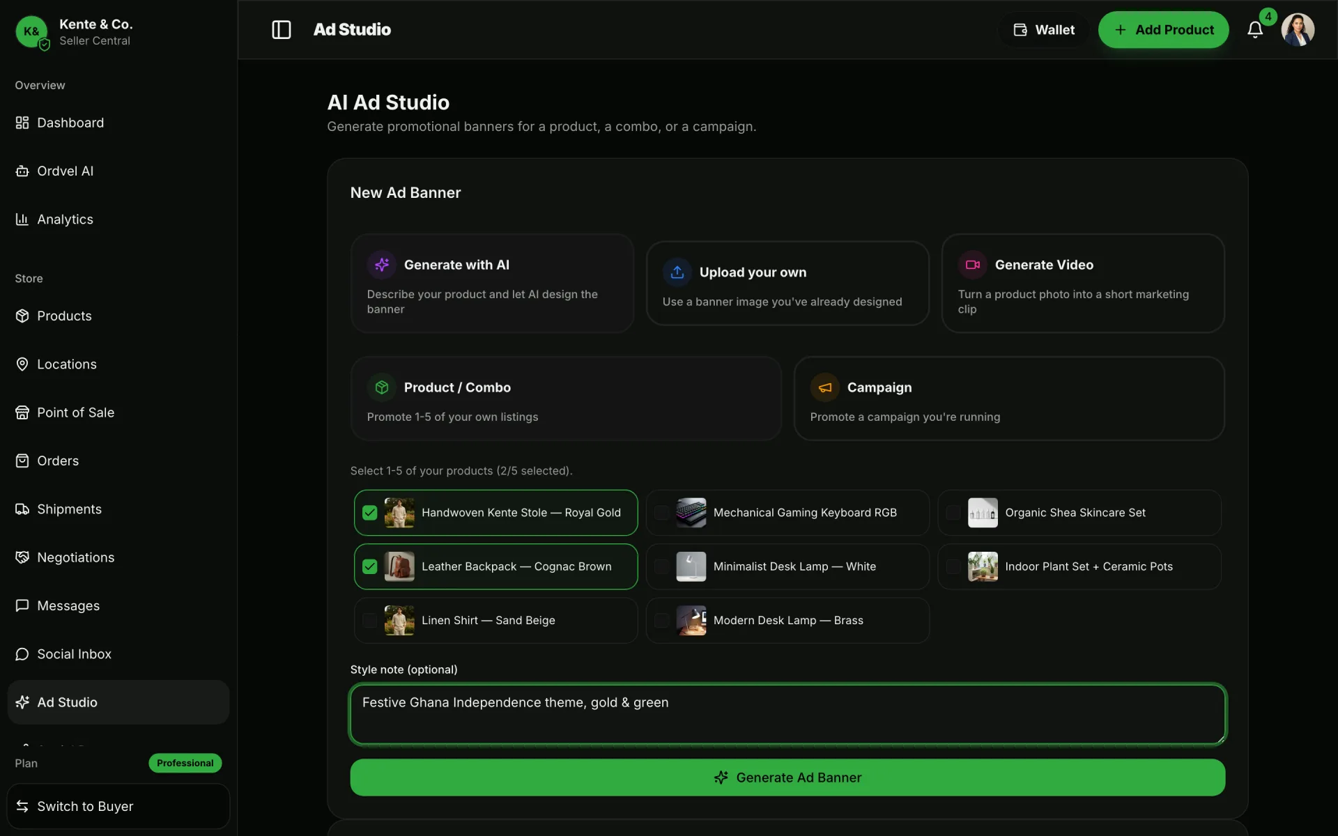 Ordvel Seller Central Ad Studio: Generate AI ad banners and marketing videos for your products and campaigns.