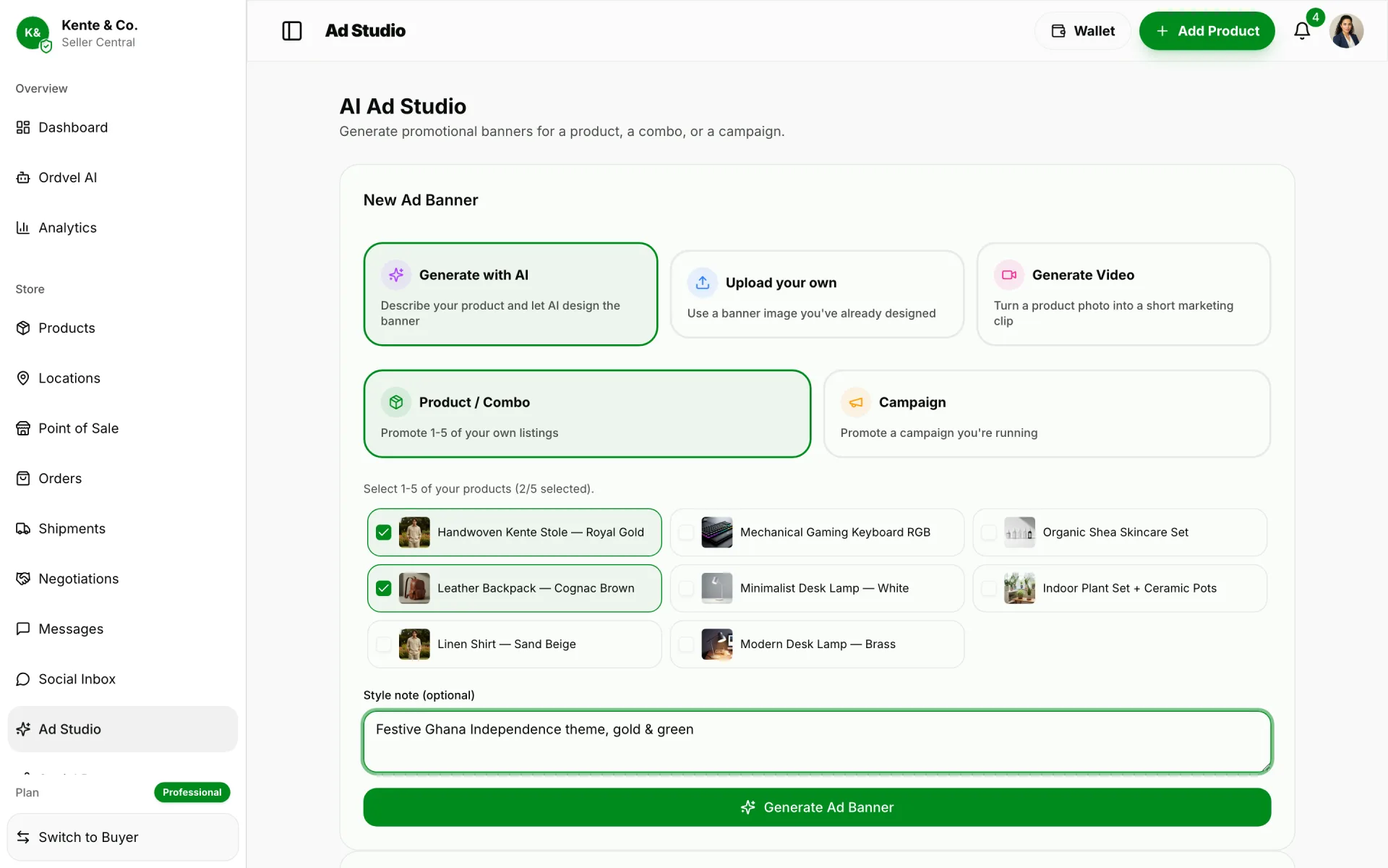 Ordvel Seller Central Ad Studio: Generate AI ad banners and marketing videos for your products and campaigns.