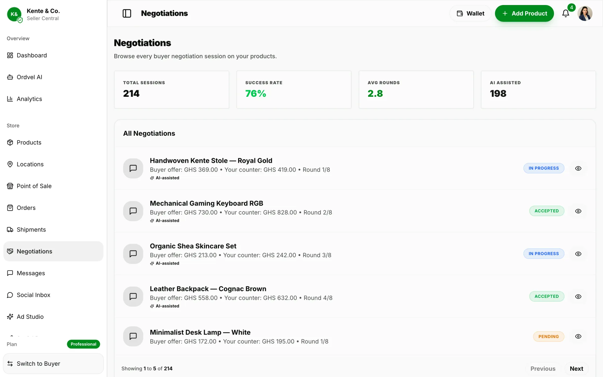 Ordvel Seller Central AI Negotiations: Every buyer bargaining session, handled by AI inside the margin floor you set.