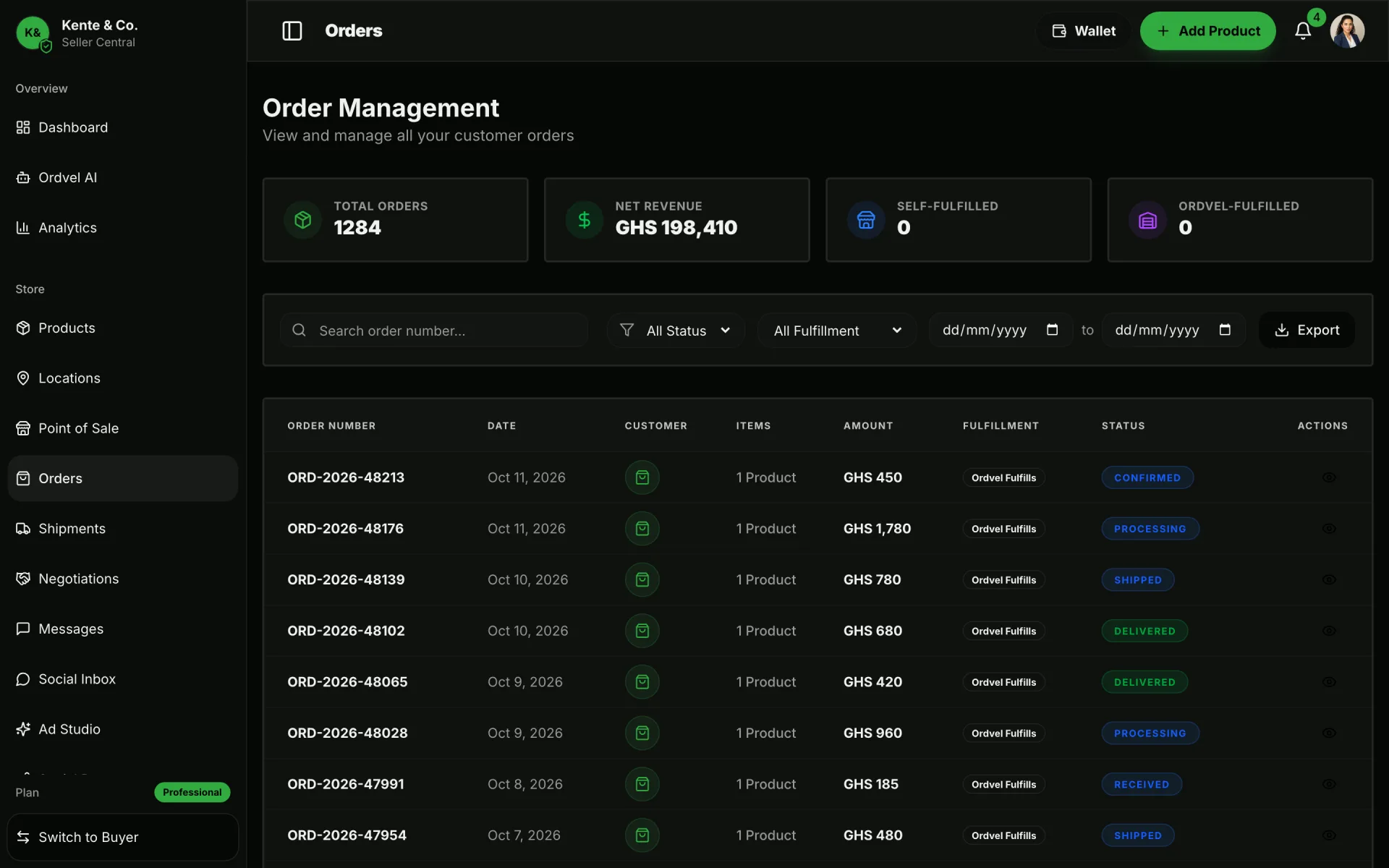 Ordvel Seller Central Orders: Track every order from payment to doorstep delivery.