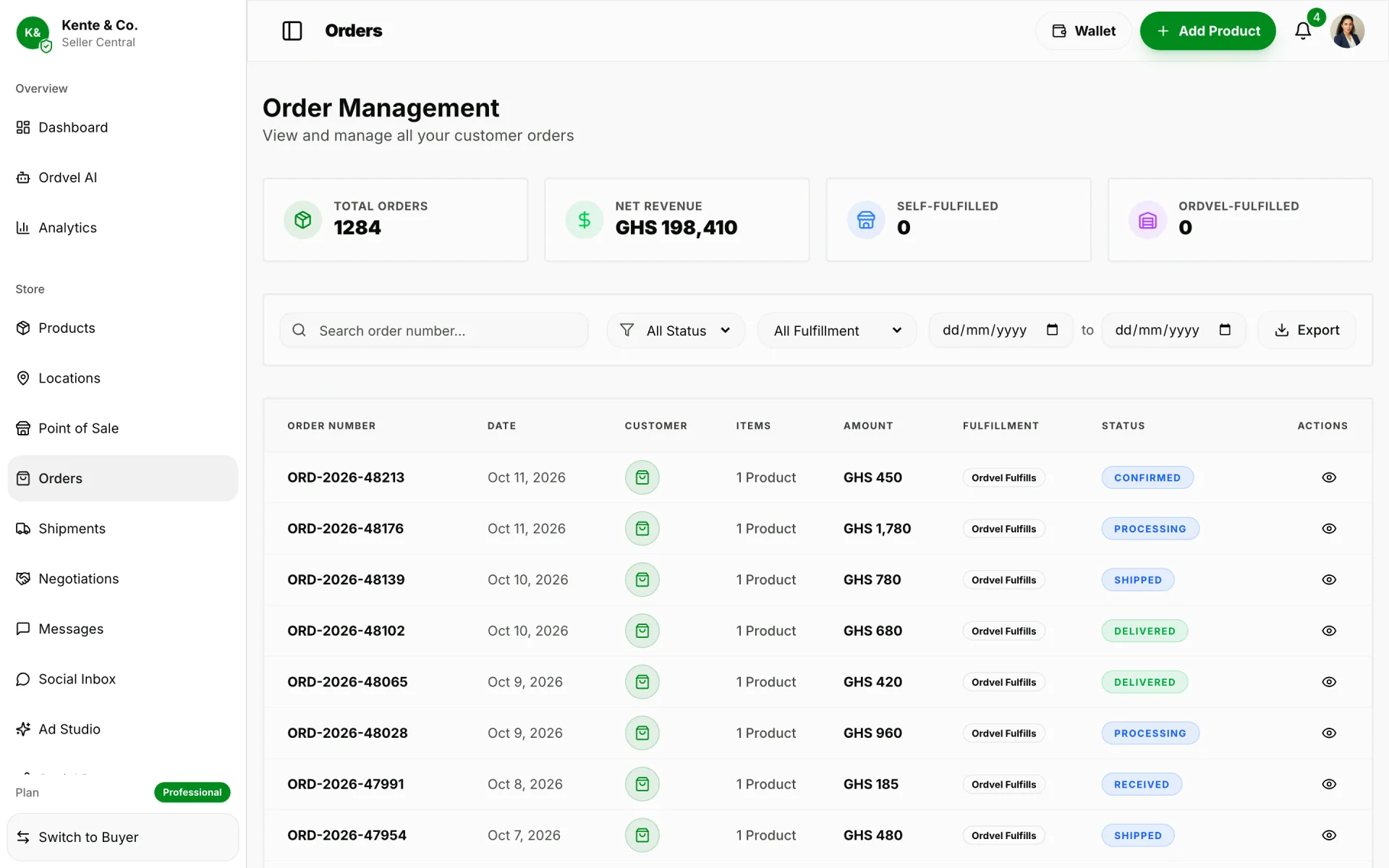 Ordvel Seller Central Orders: Track every order from payment to doorstep delivery.