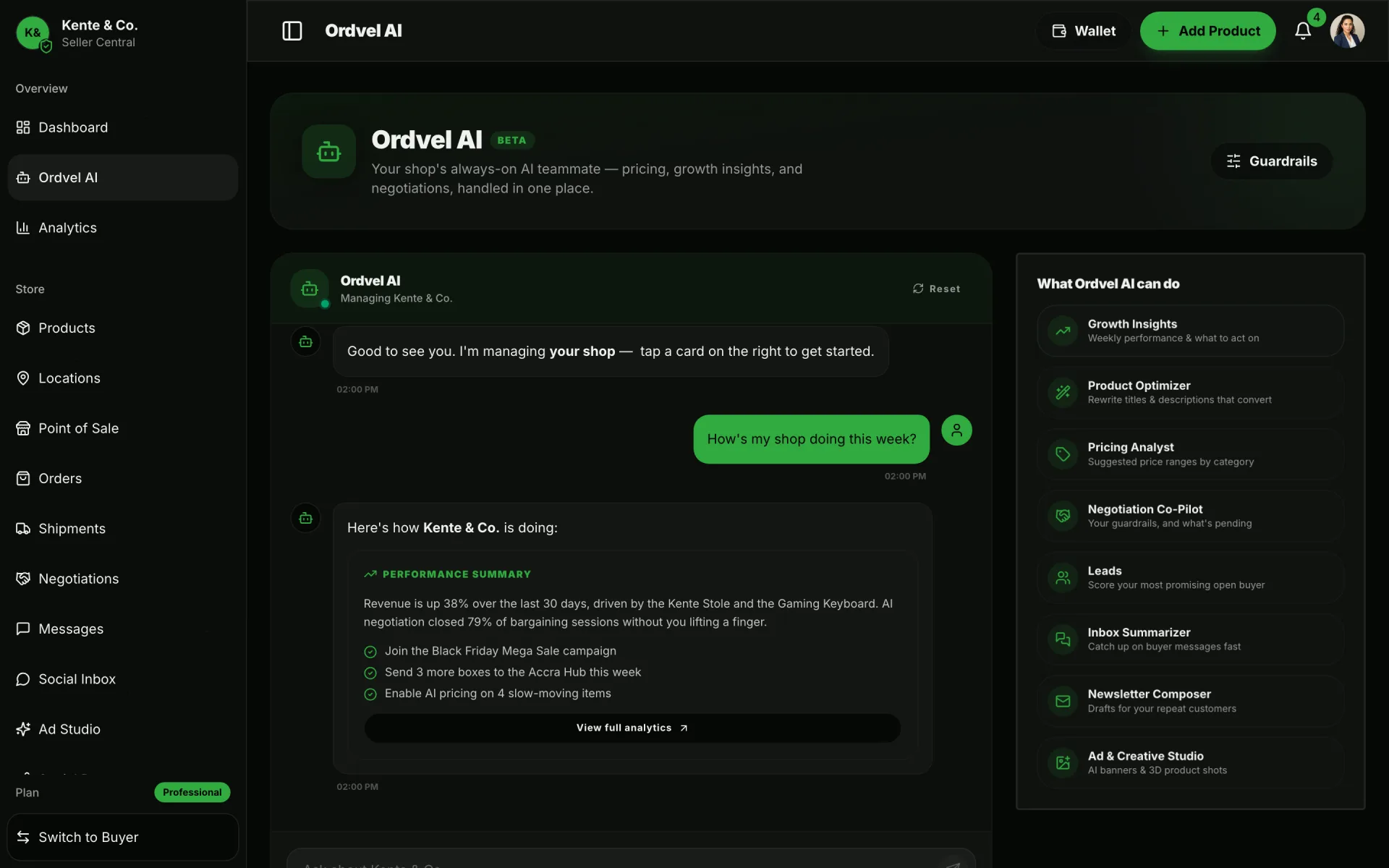 Ordvel Seller Central Ordvel AI: Your always-on AI teammate: growth insights, pricing, listing optimisation and newsletters.