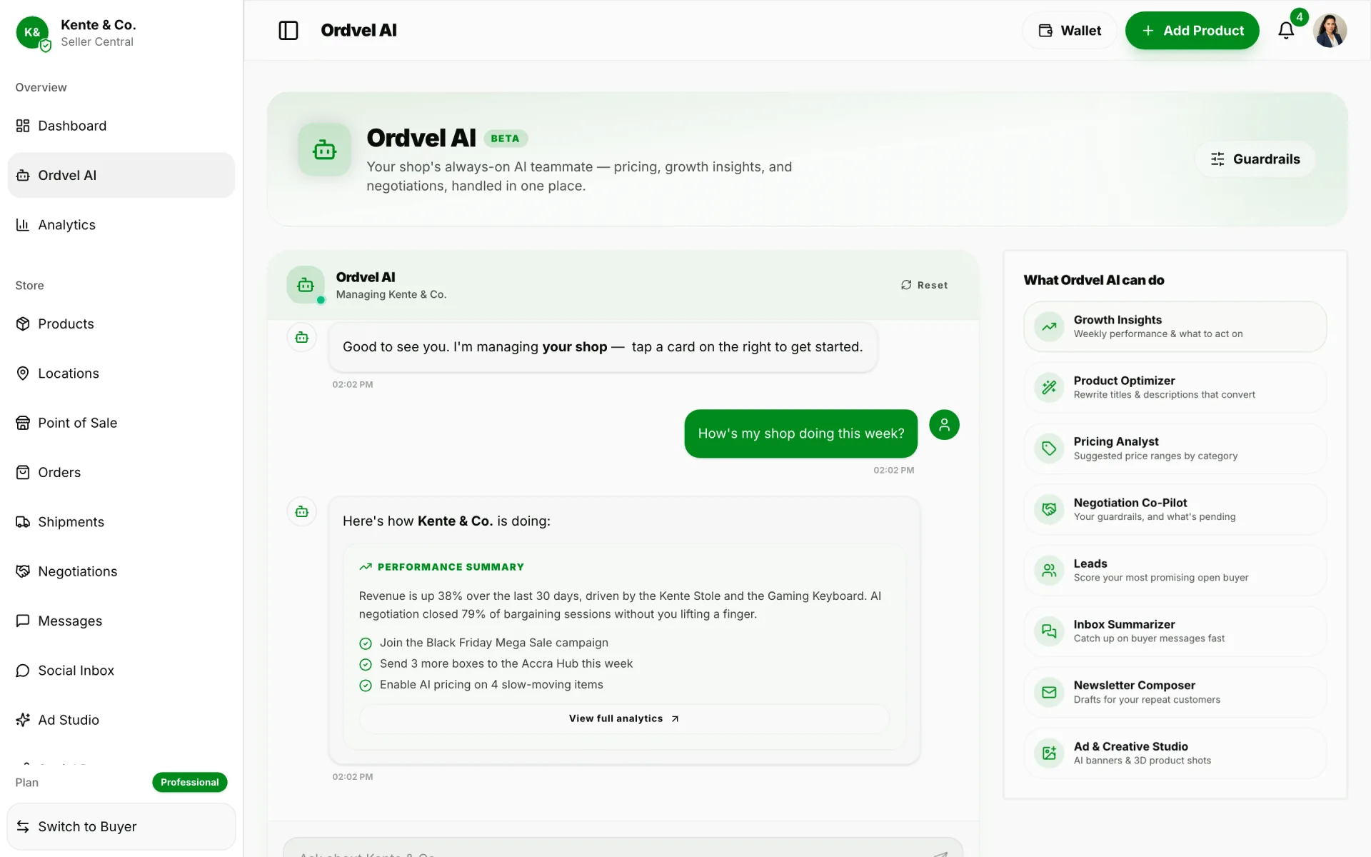Ordvel Seller Central Ordvel AI: Your always-on AI teammate: growth insights, pricing, listing optimisation and newsletters.