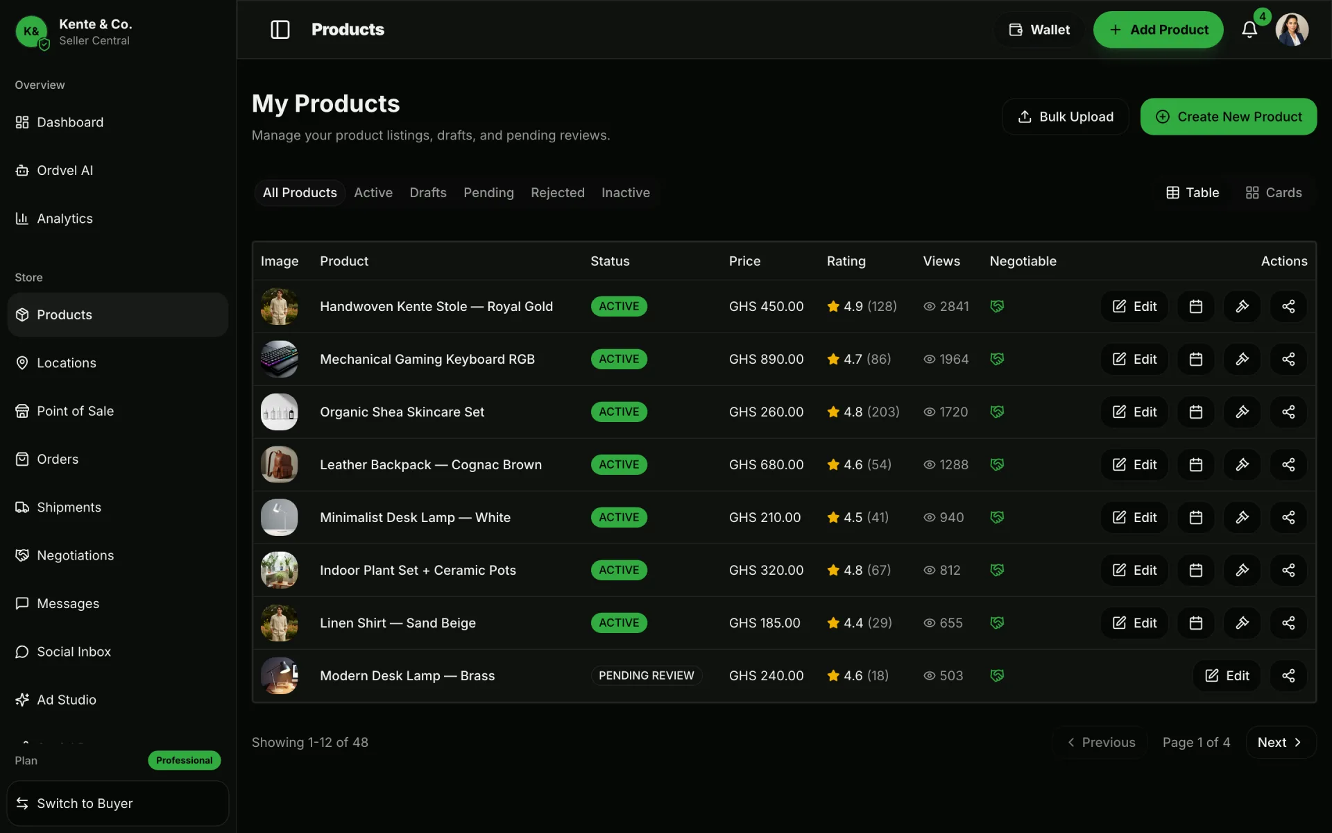 Ordvel Seller Central Products: Manage your catalogue, stock levels and listing status in one place.