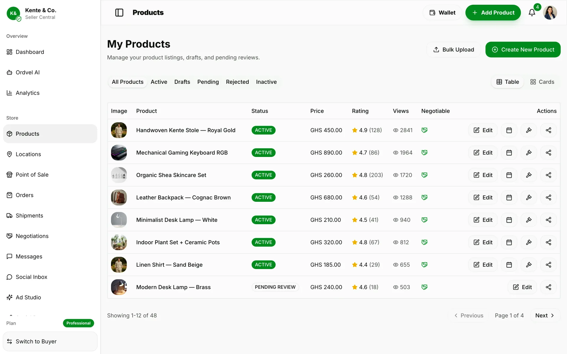Ordvel Seller Central Products: Manage your catalogue, stock levels and listing status in one place.