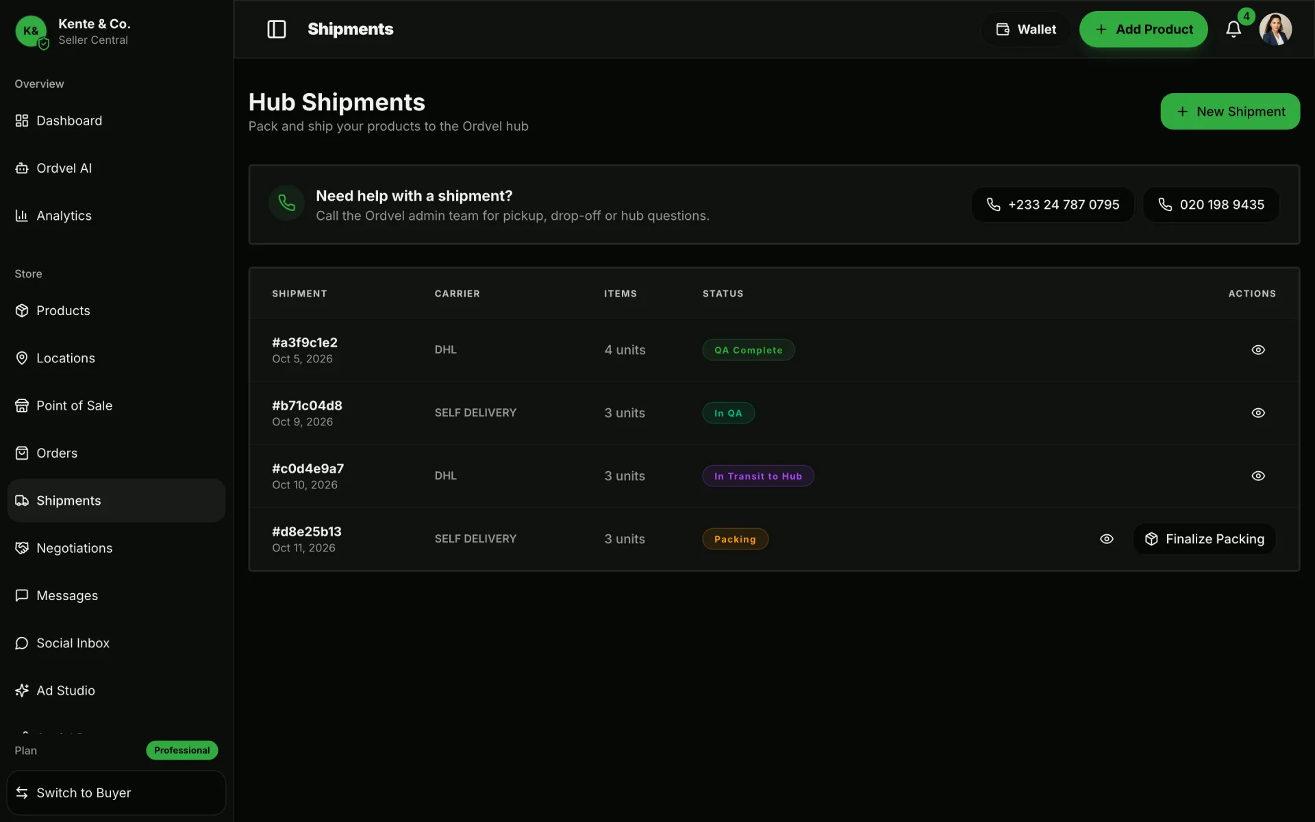 Ordvel Seller Central Hub Shipments: Send stock to an Ordvel Hub and follow it through QA inspection to shelf.