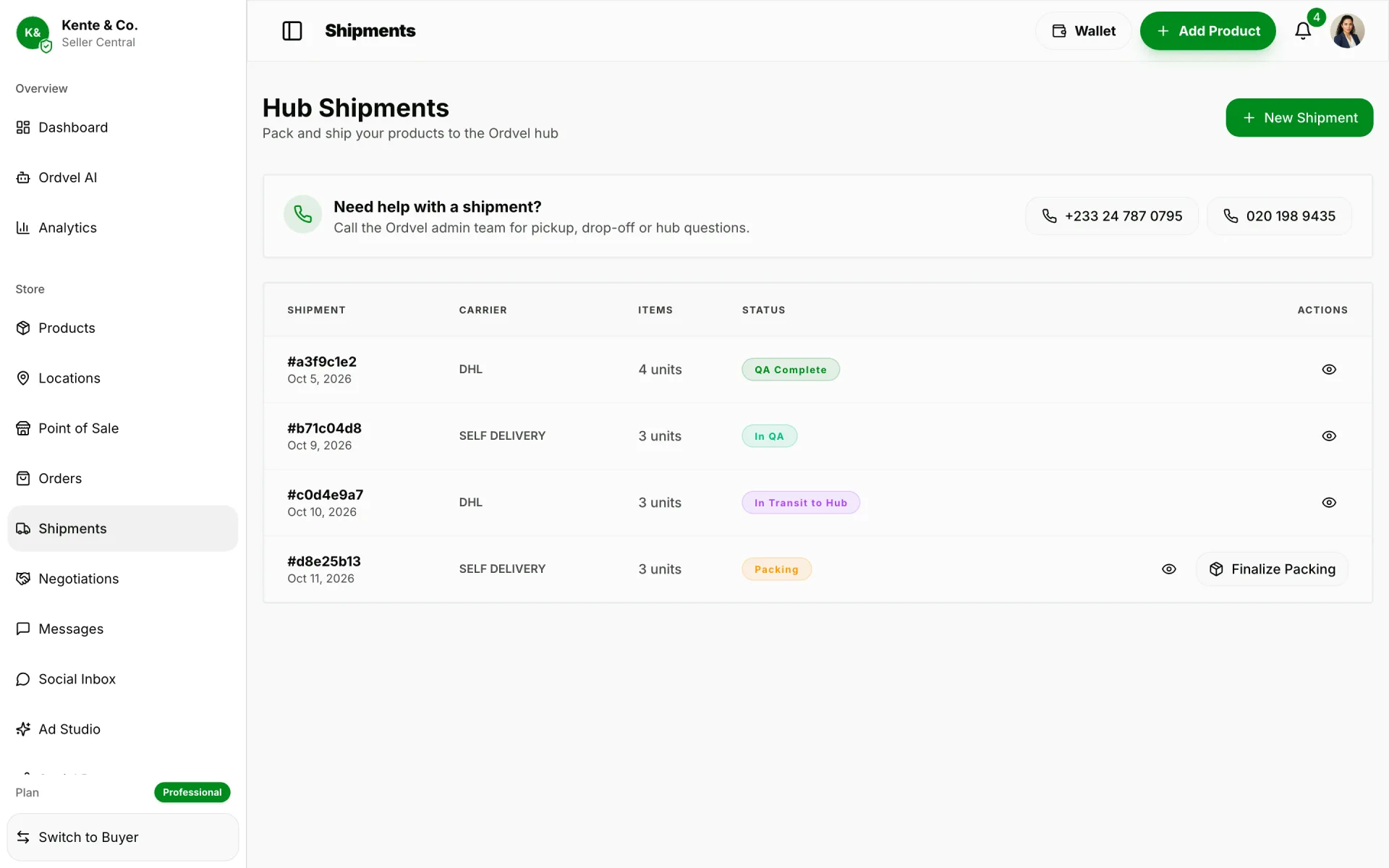 Ordvel Seller Central Hub Shipments: Send stock to an Ordvel Hub and follow it through QA inspection to shelf.